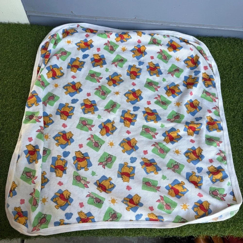 Vtg 90s Disney Winnie the Pooh Piglet Waffle Knit Thermal Baby Blanket Kidcore
